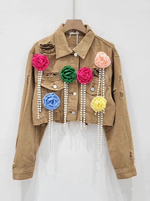 Fashion Trendy Women's Spliced Colorful Flower Diamonds Tassel Denim Coat 2024 Summer New Lapel Jacket