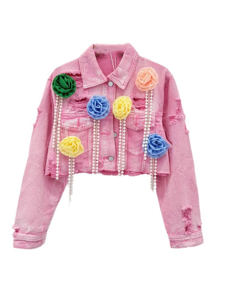 Fashion Trendy Women's Spliced Colorful Flower Diamonds Tassel Denim Coat 2024 Summer New Lapel Jacket