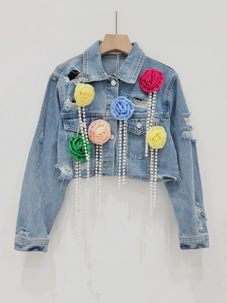 Fashion Trendy Women's Spliced Colorful Flower Diamonds Tassel Denim Coat 2024 Summer New Lapel Jacket