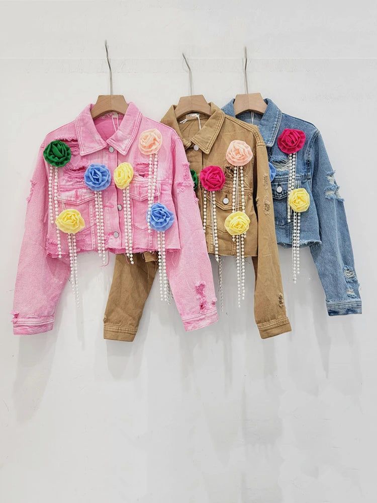 Fashion Trendy Women's Spliced Colorful Flower Diamonds Tassel Denim Coat 2024 Summer New Lapel Jacket