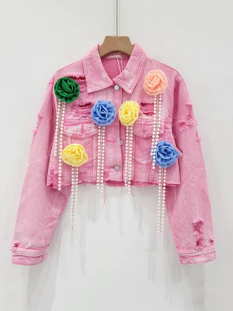 Fashion Trendy Women's Spliced Colorful Flower Diamonds Tassel Denim Coat 2024 Summer New Lapel Jacket